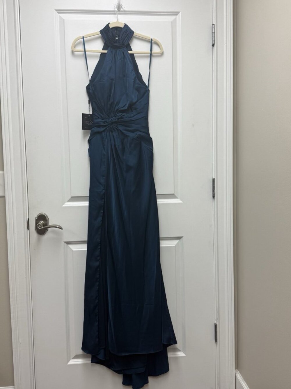 Mac Duggal Size 2 Ocean Blue Side Ruched Satin Halter Neck Prom Gown Dress Flaw - Picture 7 of 15